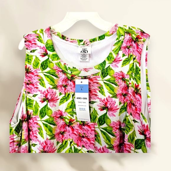 NWT Agnes & Dora Pink and Green Tiered Sleeveless Tunic Breezy Floral Large - Picture 6 of 7